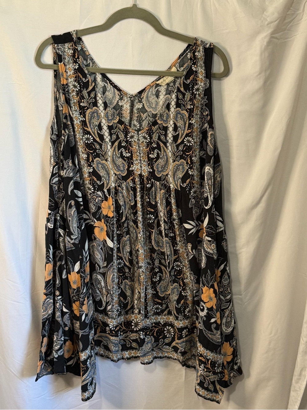 Sleeveless Whimsigoth Floral Swing Tunic - Black with Mustard Accents Boho